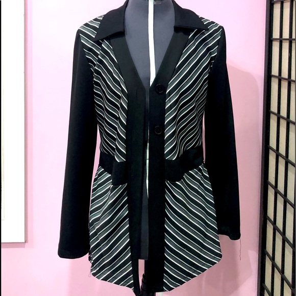 RAG buttoned blazer/suit jacket tailored black w/white stripes size L EUC - Picture 3 of 10
